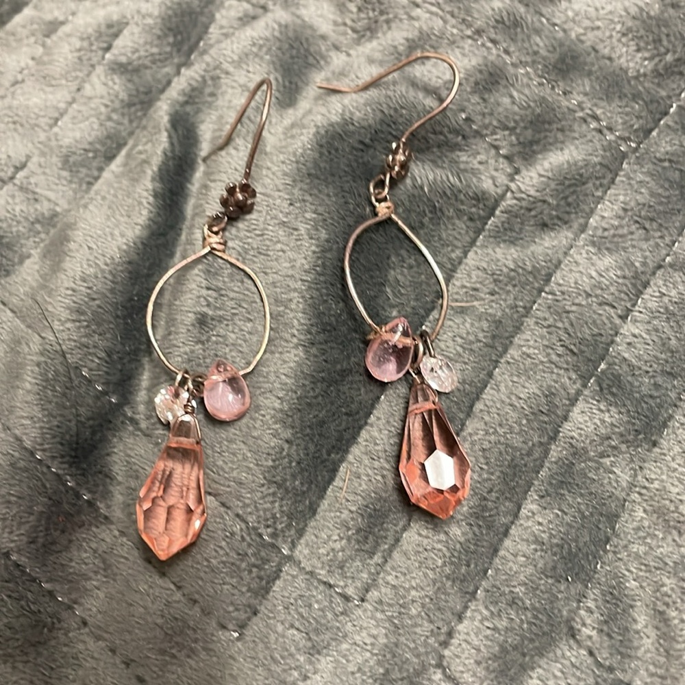 Sterling flower accent Pink Crystal rose quartz Drop Earrings